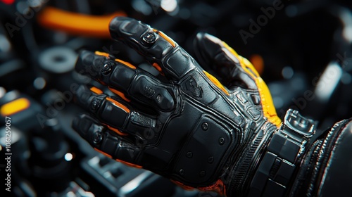 A close-up of a high-tech, black glove with intricate detailing, placed near machinery, showcasing advanced design and functionality.