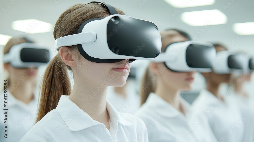 A group of individuals wearing VR headsets in a modern environment, poised for immersive virtual experiences. A group of individuals wearing VR headsets in a modern environment, poised for immersive virtual experiences.