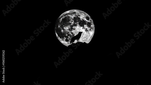 A wolf silhouette stands on a hilltop against a full moon in a dark sky.