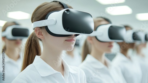 A group of individuals wearing VR headsets in a modern environment, poised for immersive virtual experiences.