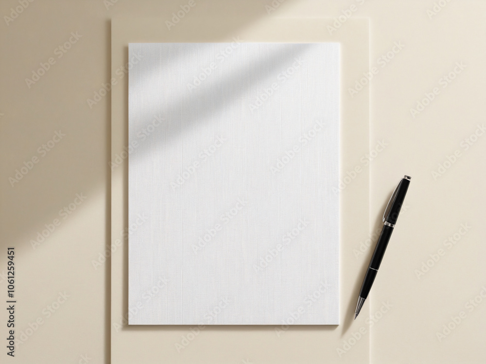 A blank notepad and a white pen on aplain background. A blank notepad and a white pen on aplain background.