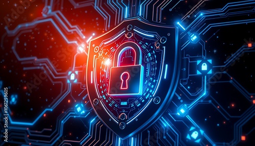 A glowing shield surrounded by digital locks and security icons on a dark background.