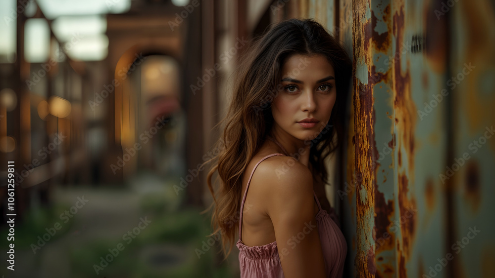 A Woman Standing Proudly Next to a Rusted Structure Symbolizing Resilience Amidst a Dynamic Urban Backdrop A Woman Standing Proudly Next to a Rusted Structure Symbolizing Resilience Amidst a Dynamic Urban Backdrop
