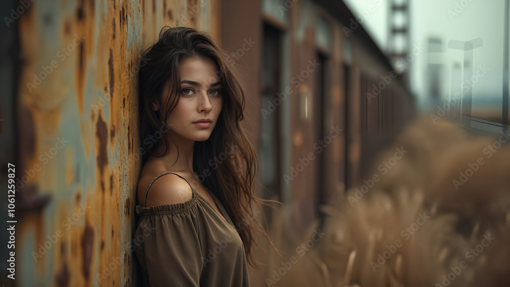 A Woman Standing Proudly Next to a Rusted Structure Symbolizing Resilience Amidst a Dynamic Urban Backdrop A Woman Standing Proudly Next to a Rusted Structure Symbolizing Resilience Amidst a Dynamic Urban Backdrop