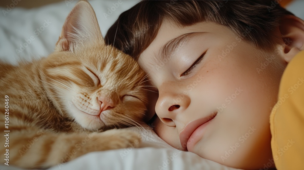 Child and Kitten Sleeping Peacefully Together Child and Kitten Sleeping Peacefully Together