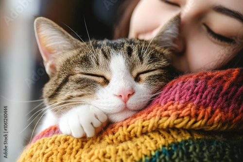 Joyful Non-binary Individual with Rainbow Scarf and Cat photo