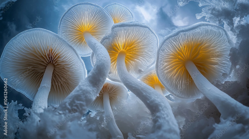 White mushrooms with yellow gills, viewed from below, against a cloudy sky. White mushrooms with yellow gills, viewed from below, against a cloudy sky.