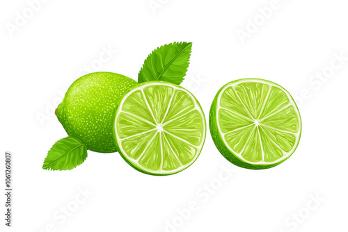 Fresh Cut Limes with Green Leaves on White Background