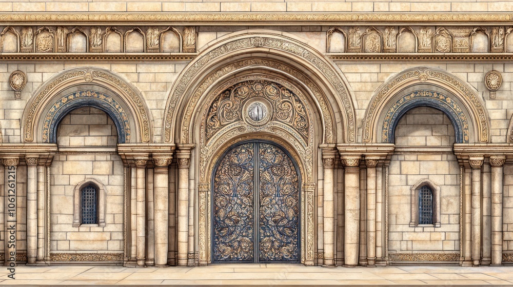 Obraz premium Ornate stone archway with intricate designs and decorative doors.