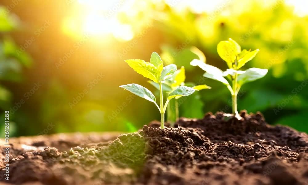 Three young plants emerging from rich soil, symbolizing growth and renewal in nature. Three young plants emerging from rich soil, symbolizing growth and renewal in nature.