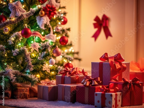 Decorated Christmas tree surrounded by colorful gift boxes, merry, gifts