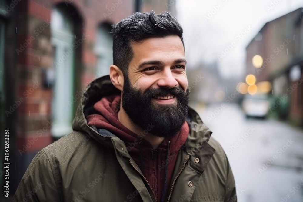 Portrait of handsome young man with beard and mustache in the city Portrait of handsome young man with beard and mustache in the city