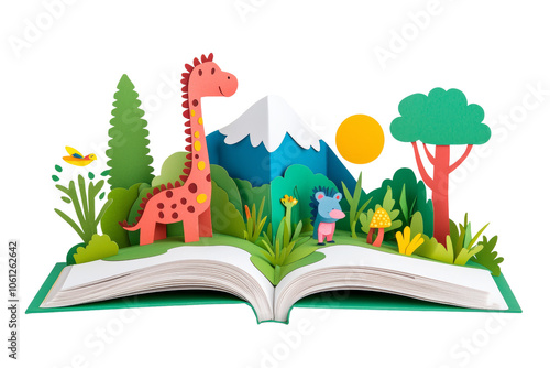 Colorful Pop-Up Book with Dinosaurs and Nature Scene
