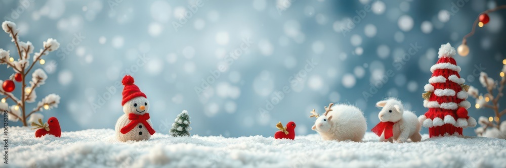 Little knitted snowmen standing on soft snow against a blue background, handmade, whimsical Little knitted snowmen standing on soft snow against a blue background, handmade, whimsical