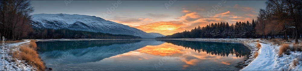 A serene winter landscape at sunset, reflecting colors on calm water. A serene winter landscape at sunset, reflecting colors on calm water.