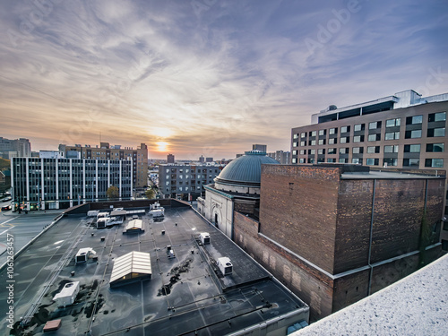 View of midtown detroit at sunset, looking west taken from the SOMA parking garage rooftop photo