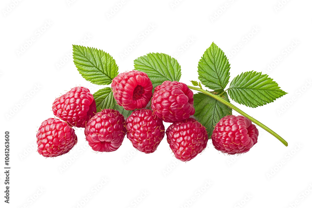 Fresh Raspberries with Green Leaves on a White Background Fresh Raspberries with Green Leaves on a White Background