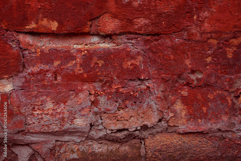 Obraz premium A fragment of a red brick wall with pronounced texture. Natural age defects in the form of cracks and abrasions. Rough surface with traces of dried paint.