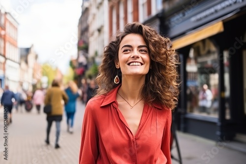 Outdoor portrait of beautiful young woman with curly hair in the city