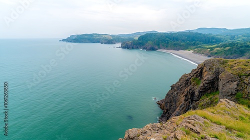 Expansive coastal view showcases majestic cliffs and serene ocean waves under overcast sky