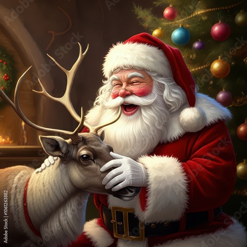 A christmas scene with santa and reindeer with a christmas tree