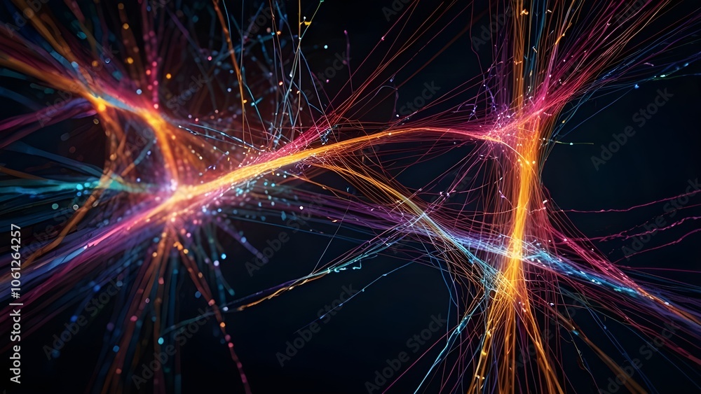 Naklejka premium Abstract Colorful Optical Fibers Connecting To Other Networks. Electrical Signals Flowing Inside Of Complex Network Generative AI