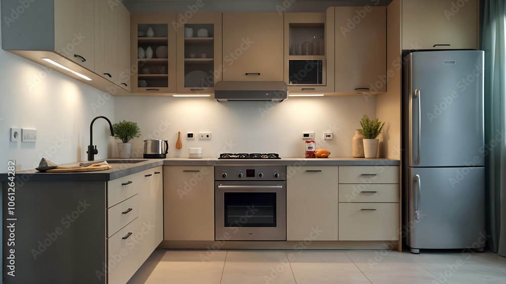 Fototapeta premium A Well-Organized Kitchen Featuring a Modern Oven, Microwave, and Refrigerator, Displaying a Harmonious Blend of Functionality and Aesthetics