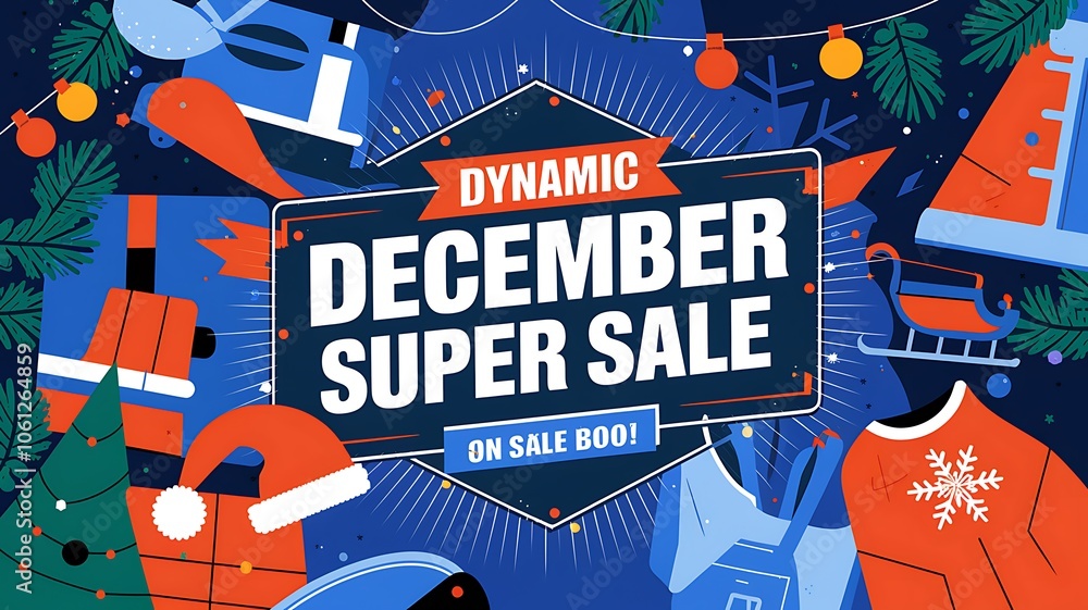 Naklejka premium December Super Sale Banner with Festive Illustrations