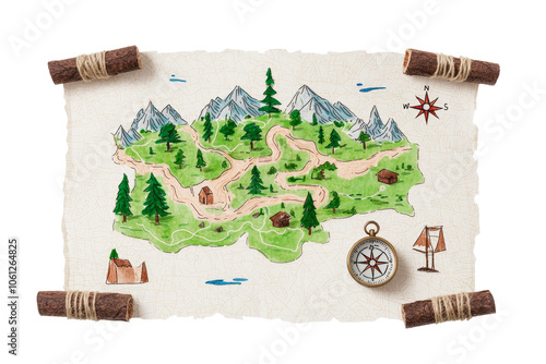 Vintage Treasure Map with Compass and Scenic Landscape
