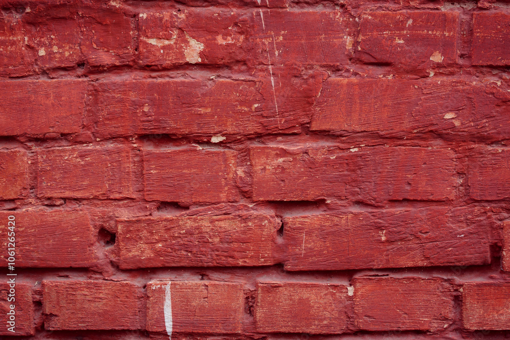 Obraz premium A fragment of a red brick wall with pronounced texture. Natural age defects in the form of cracks and abrasions. Rough surface with traces of dried paint.