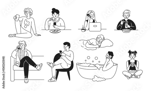 Young people using smartphones in everyday life linear vector icons set. Characters addicted from gadgets simple illustrations collection
