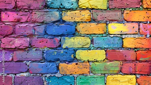 A brick wall painted in vibrant rainbow colors.