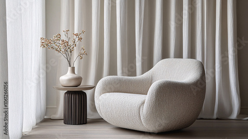 modern minimalist living room with white chair and beige vase