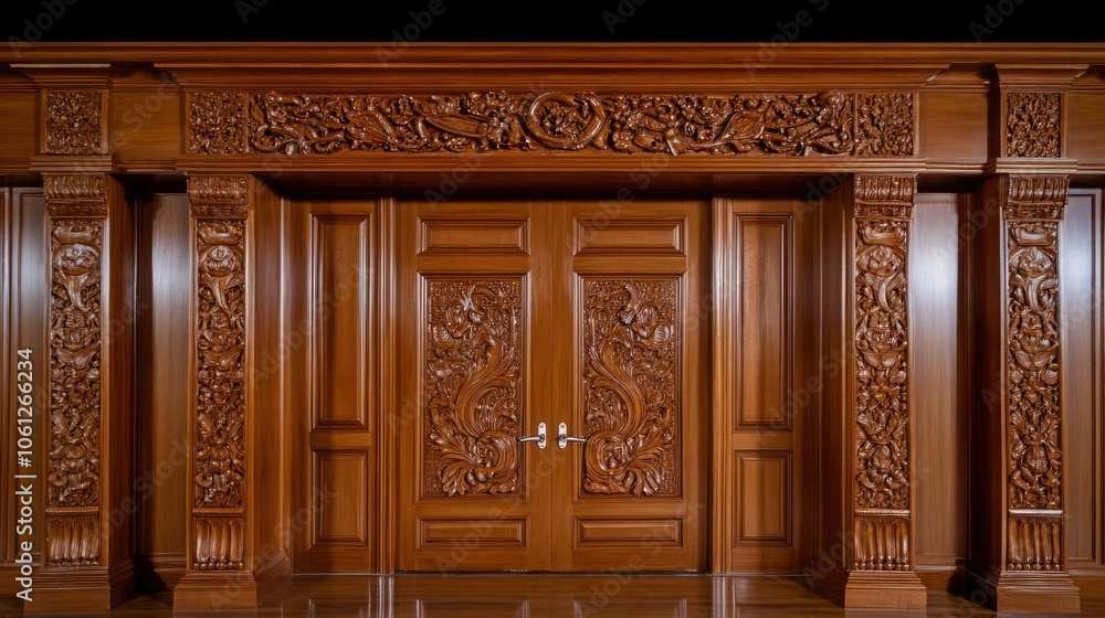 Fototapeta premium Ornately carved wooden doors with intricate designs and decorative framing.