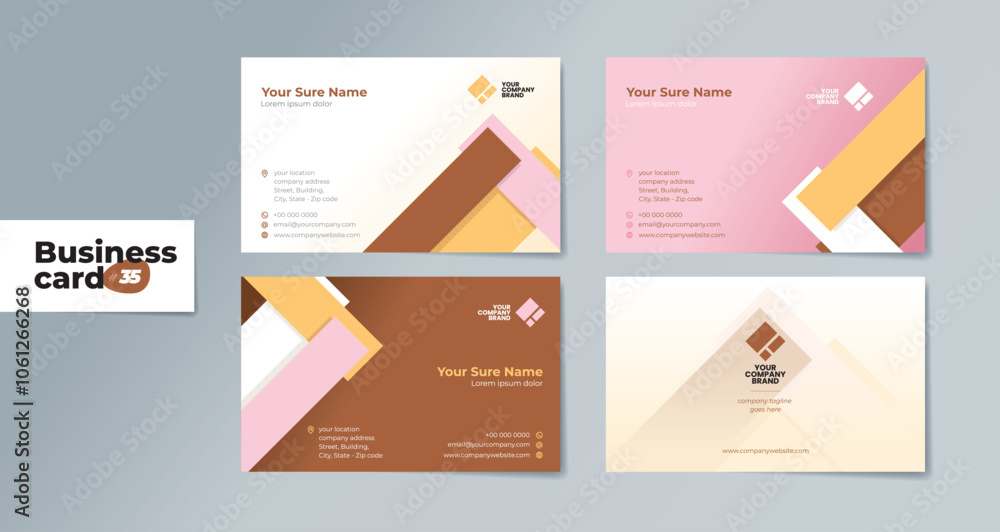 Set of double-sided business card template with random brown and pink rectangle bars on a white background
