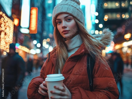 Young Woman Walking Alone at Night in a Snowy City with Coffee Cup photo