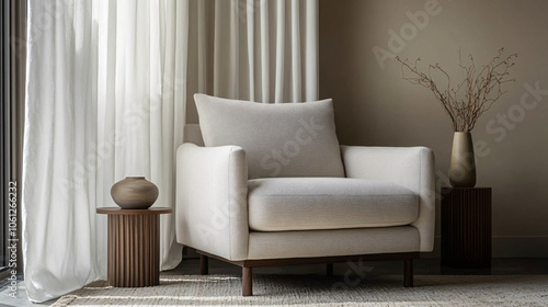 beige modern armchair in minimalist living room interior with white curtains and wooden side table