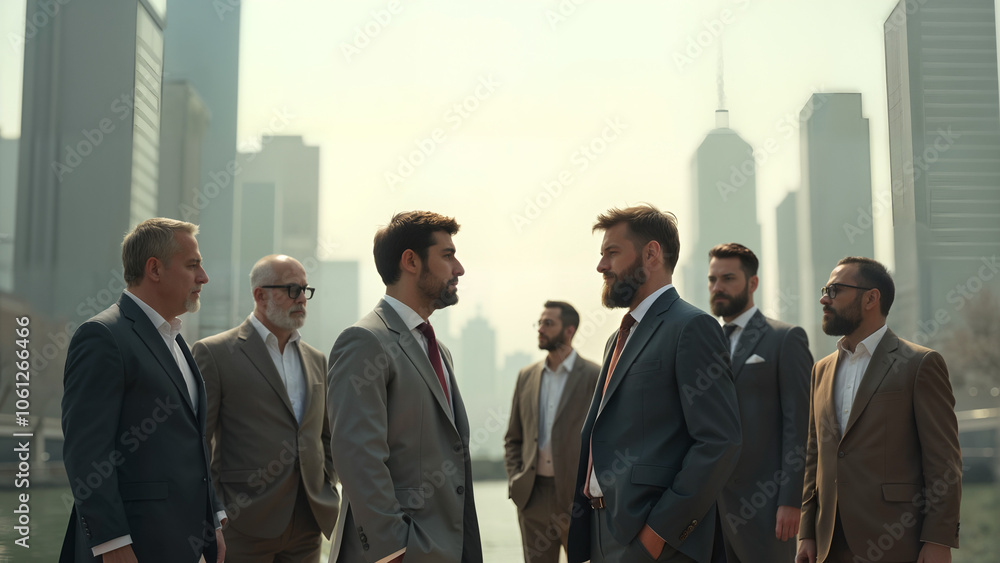 A group of men standing by impressive tall buildings engaged in a spirited discussion, with a vibrant urban landscape behind them.