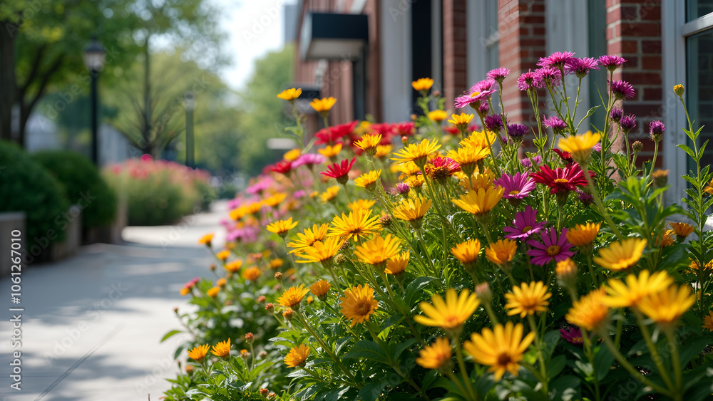 A Vibrant Variety of Flowers Elegantly Arranged Beside an Urban Building, Fusing Nature with City Life for a Beautiful Contrast A Vibrant Variety of Flowers Elegantly Arranged Beside an Urban Building, Fusing Nature with City Life for a Beautiful Contrast