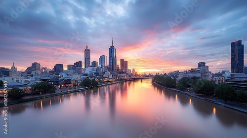 Melbourne skyline reflects on yarra river at sunrise amidst vibrant clouds