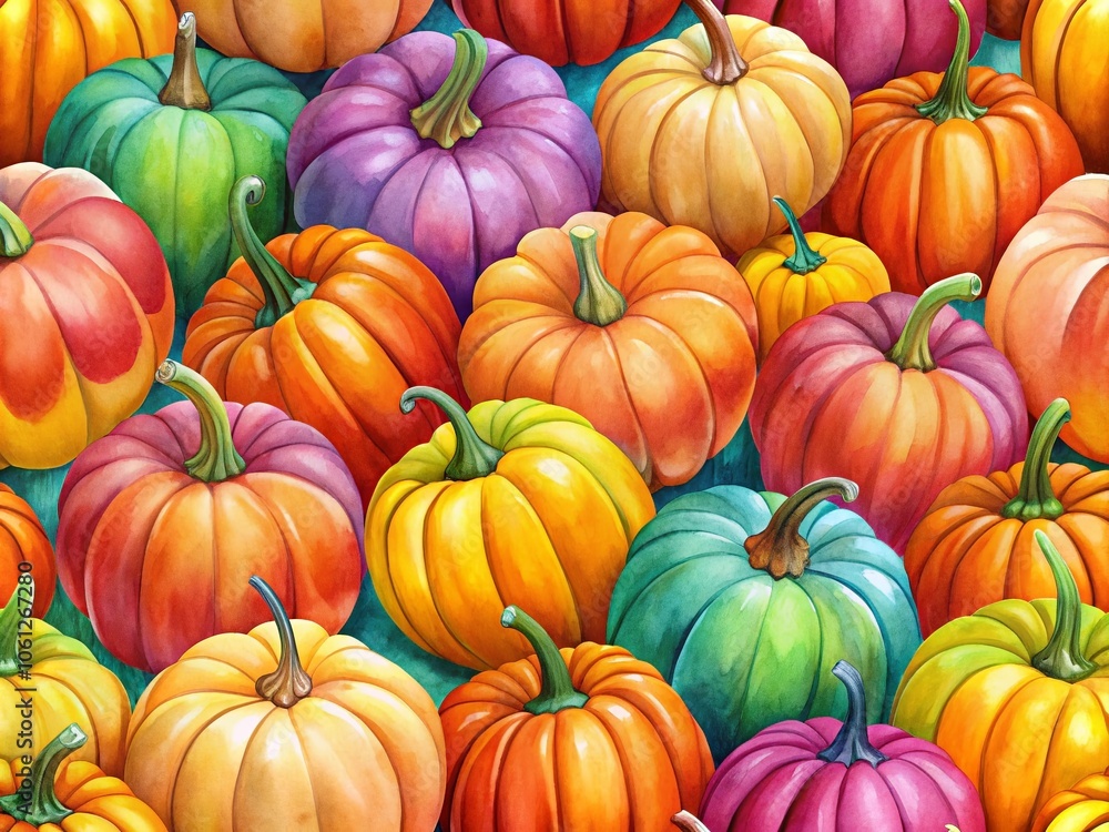 A delightful seamless pattern of hand-painted watercolor pumpkins celebrates the beauty of autumn. A delightful seamless pattern of hand-painted watercolor pumpkins celebrates the beauty of autumn.