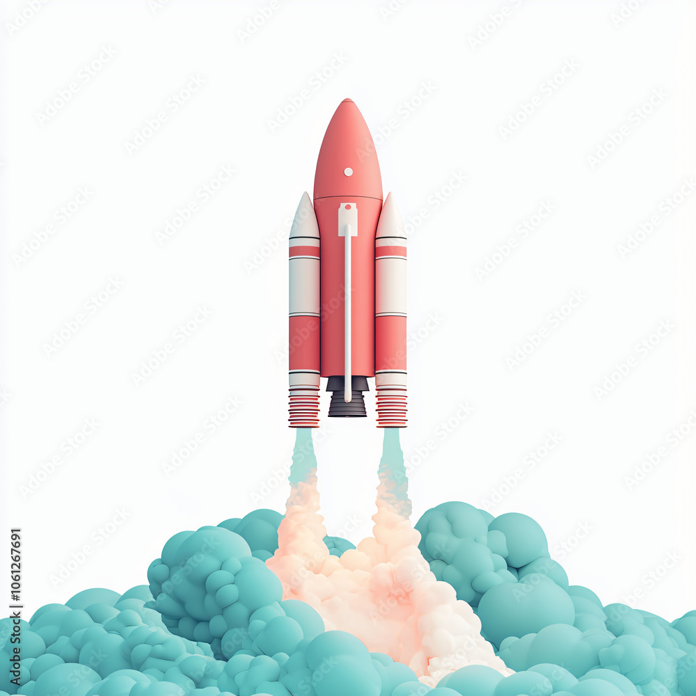 Obraz premium A colorful rocket launches from a cloud of turquoise smoke, symbolizing innovation and exploration in a dynamic, futuristic setting.