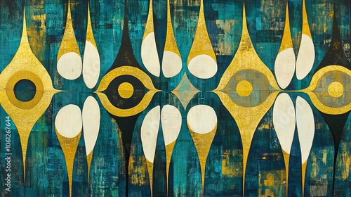 Geometric abstract patterns with gold and teal, intricate and layered, texture-rich background"