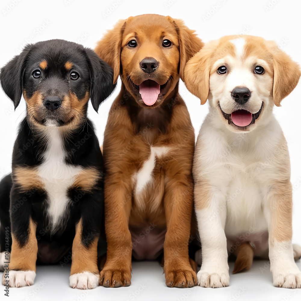 Three adorable puppies of different breeds sit closely together, exhibiting joyful expressions. The black, brown, and white pups have big eyes and wagging tails, radiating cuteness and playfulness. Three adorable puppies of different breeds sit closely together, exhibiting joyful expressions. The black, brown, and white pups have big eyes and wagging tails, radiating cuteness and playfulness.