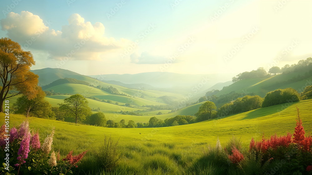 Obraz premium A Panoramic View of a Serene Country Setting Surrounded by Blossoming Flowers and Majestic Trees