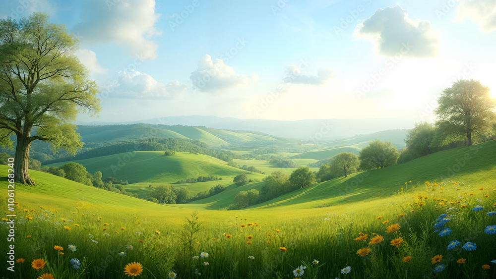 Fototapeta premium A Panoramic View of a Serene Country Setting Surrounded by Blossoming Flowers and Majestic Trees