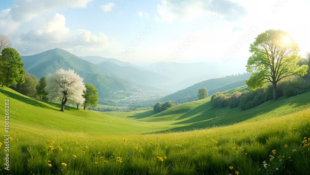 A Panoramic View of a Serene Country Setting Surrounded by Blossoming Flowers and Majestic Trees A Panoramic View of a Serene Country Setting Surrounded by Blossoming Flowers and Majestic Trees