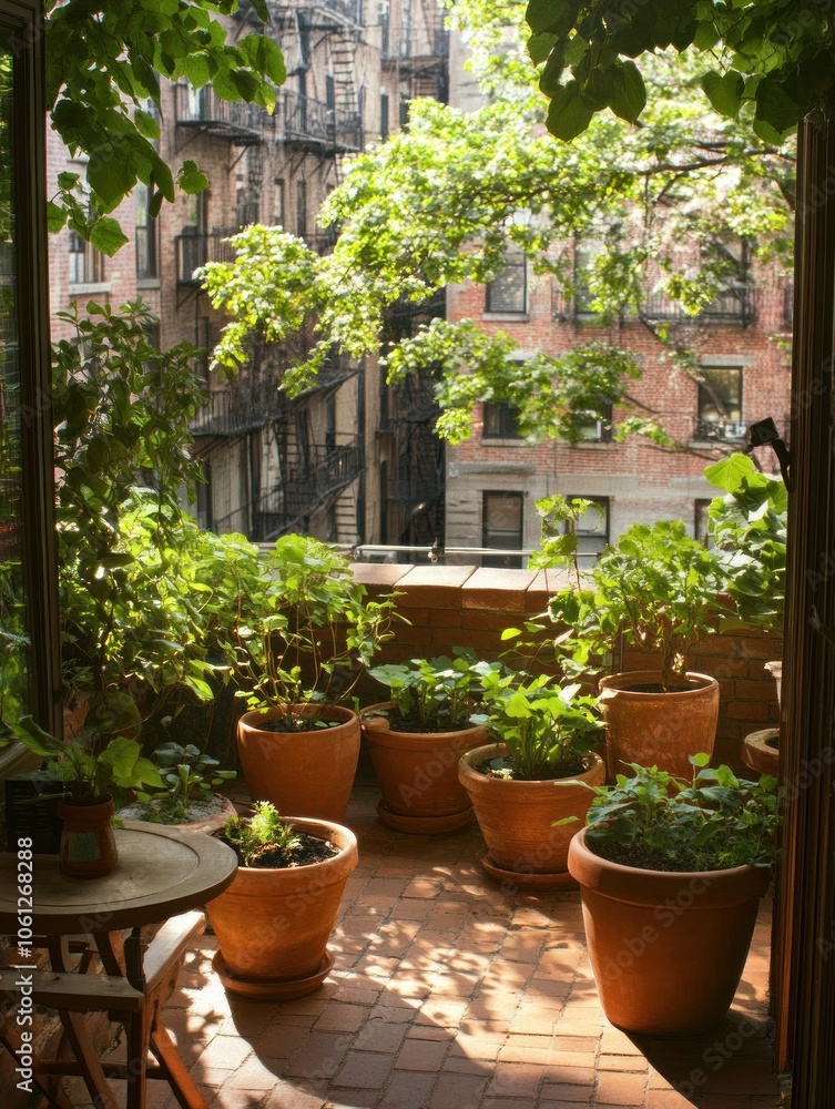 Naklejka premium A serene balcony garden filled with potted plants, overlooking a cityscape.