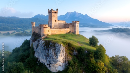 Majestic castle perched on a rocky cliff overlooking a misty valley at sunrise