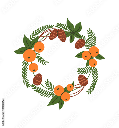 Christmas wreath with pine cones and tangerines flat color vector object. Winter holiday ornament illustration on white background
